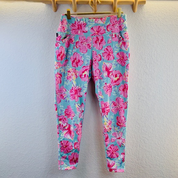 Simply Southern Tropical Floral Pink and Blue Leggings With Pockets Medium - Picture 3 of 9